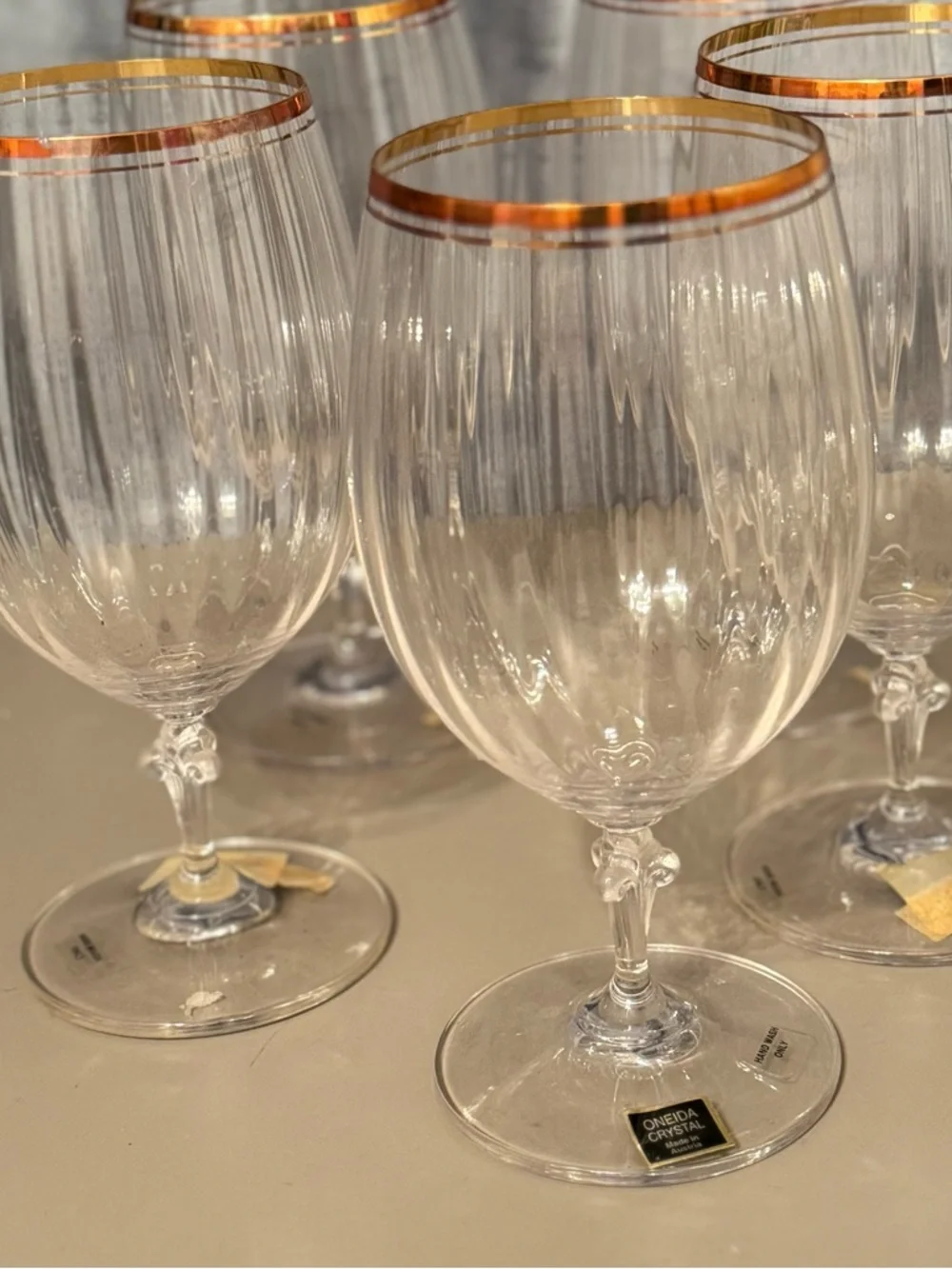Set of 4/ Heiress Gold~  by ONEIDA /  Iced Tea | feature a ribbed  gold rim.